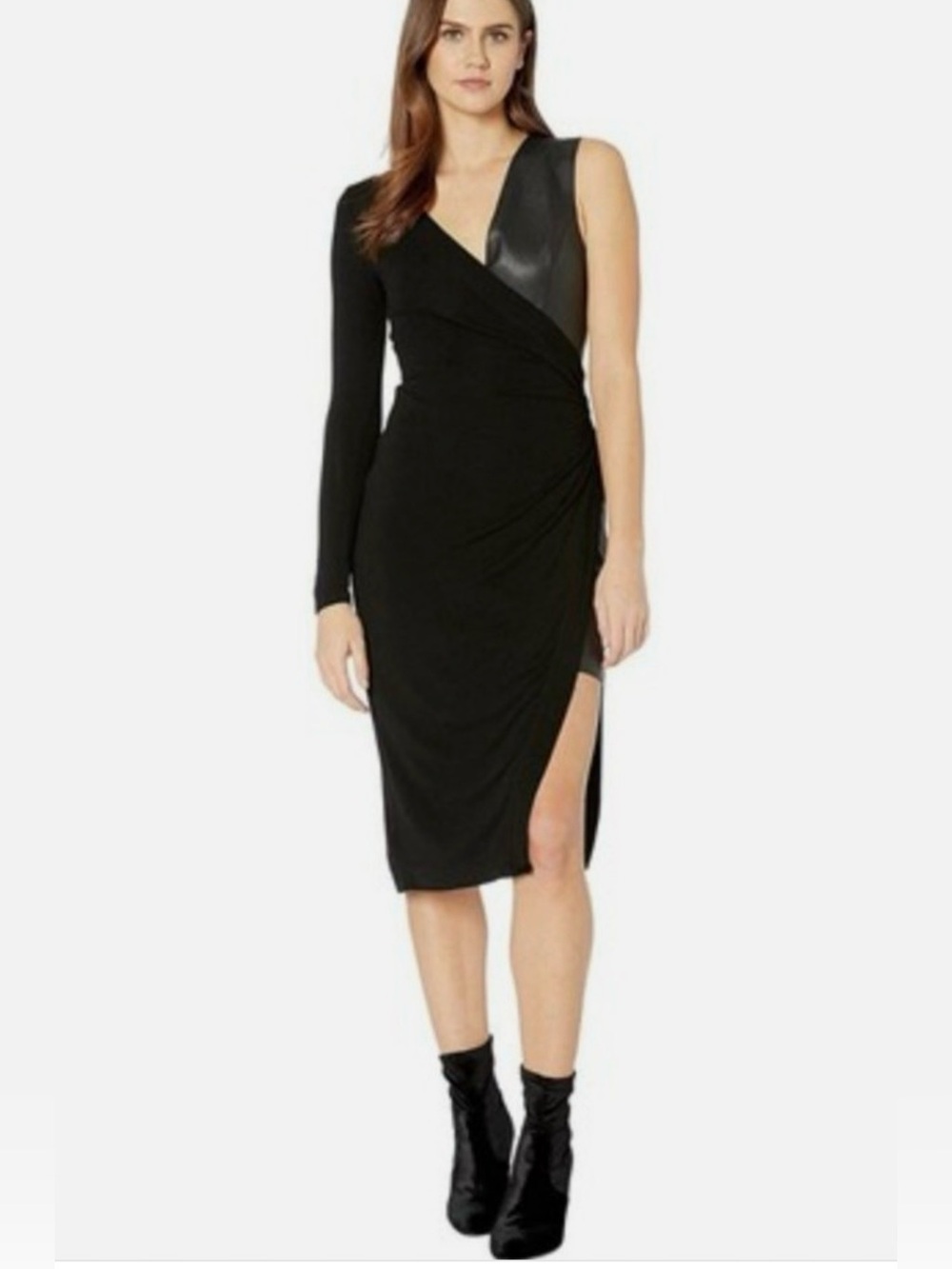 BCBGMaxAzria Black Asymmetrical Faux-Leather Trim Wrap Dress